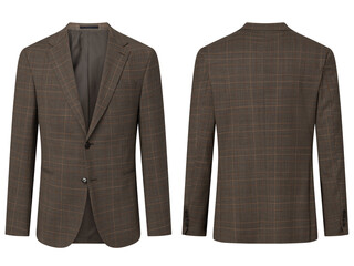 Portrait of men's suit jacket ( blazer ) isolated in white background, invisible ghost mannequin. Fashion industry high-quality studio shot photography. Front and back view.