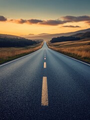 Fototapeta premium Serene asphalt road stretching through golden fields under a warm sunset sky leading to distant mountains peaceful landscape scenic route
