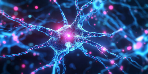 Vibrant image of a neuron glowing in blue and pink
