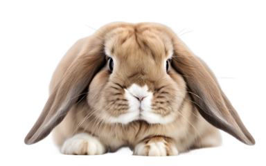 A cute Holland Lop rabbit with floppy ears, isolated on a empty plain background