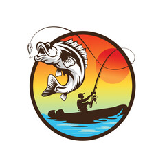 An angler with a boat, catching a big fish, vector template design illustration