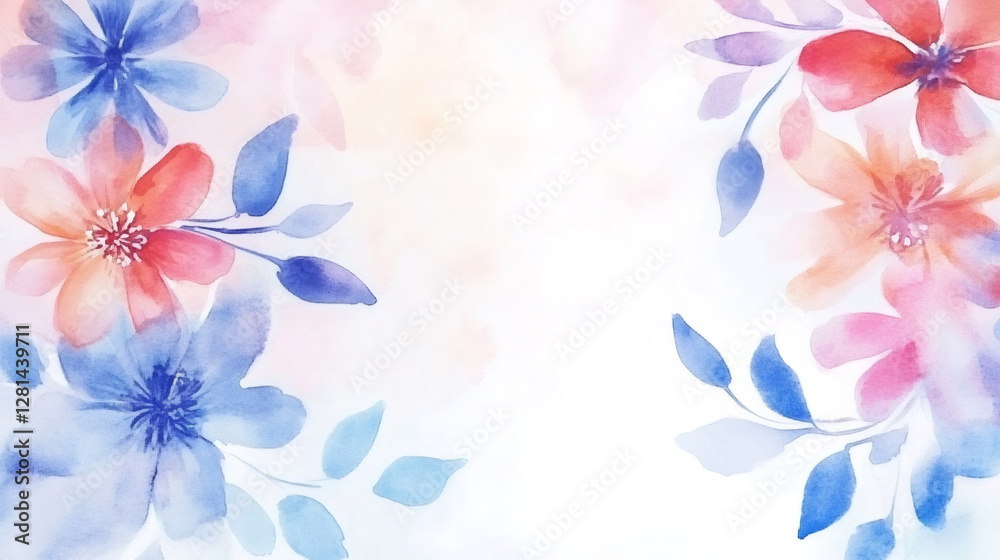 Poster watercolor flowers and leaves creating soft, colorful border with generous white space for graphic d