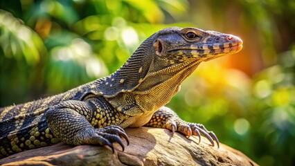 Obraz premium Large Asian water monitor lizard basking on a rock with its scaly skin glistening in the sunlight, sunlight