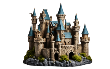 A decorative fish tank ornament shaped like a castle, isolated on a empty plain background