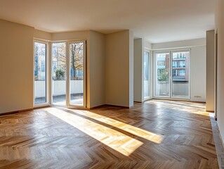 Fototapeta premium Bright Empty Apartment Interior with Herringbone Wood Floor and Balcony Doors in Natural Light