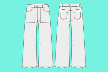 Black and white pant outline Technical Fashion Flat Sketch CAD Mockup template.