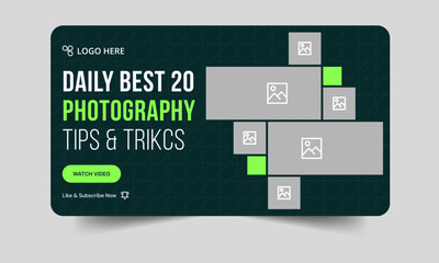Best photo shoot tips and tricks video cover banner design, daily photography techniques video thumbnail banner design, customizable vector eps 10 file format