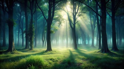 Naklejka premium Dark mysterious forest with a shadow overlay effect on trees and grass, atmosphere, shadow, atmosphere,shadow,night,dark