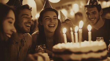 Happy friends celebrate birthday with cake and candles.