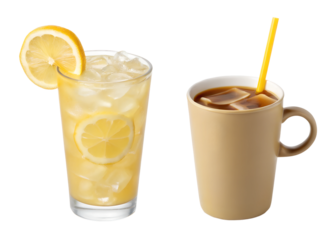Lemonade and iced coffee on white, summer beverages on white backdrop, Cut Out