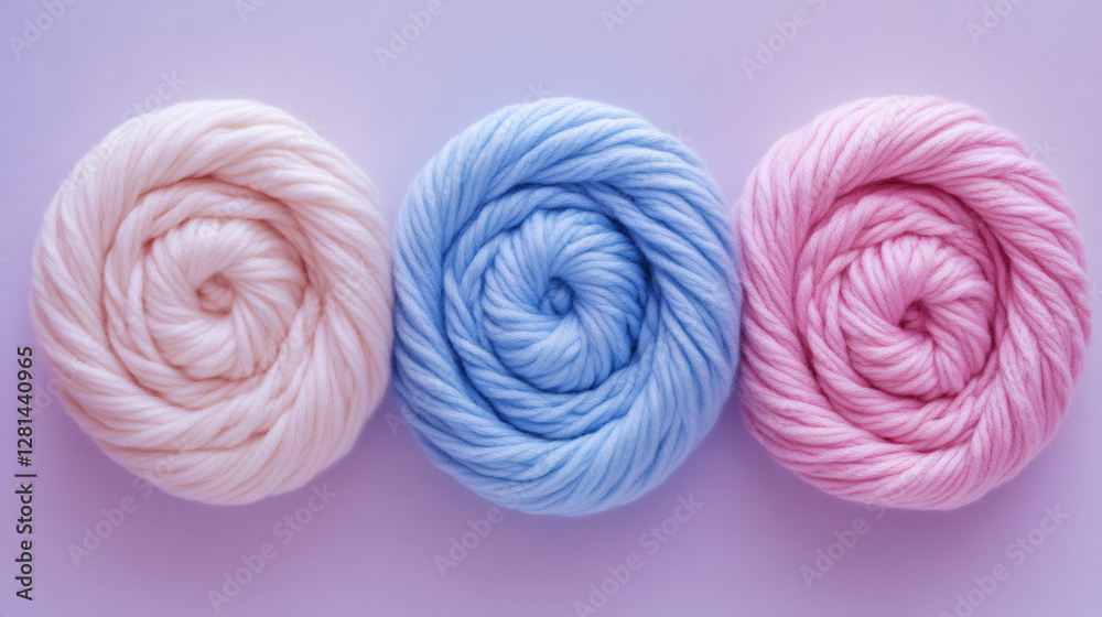 Aufkleber three pastel colored wool yarn balls arranged on a purple background, creating a visually appealing 