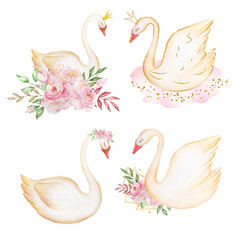 Set of Watercolor White Princess Swan with crown, romantic bird with pink roses bouquet