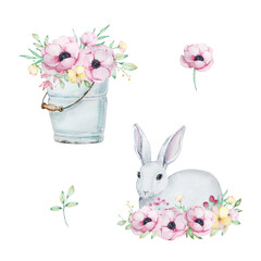 Watercolor White Rabbit and Blue Bucket with spring flowers