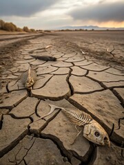 Dried cracked earth with fish skeletons showing severe drought conditions and environmental impact.