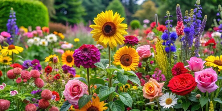 Vibrant flower-filled garden with blooming roses, daisies and sunflowers in every color of the rainbow, surrounded by lush greenery and vibrant foliage , gardening, outdoors