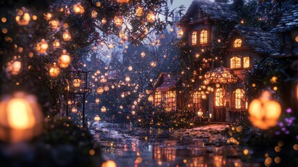Naklejka premium Enchanted Village Night: A whimsical digital painting of a quaint village street at night