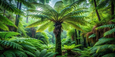 Dense foliage surrounds a massive fern tree in the heart of a tropical jungle