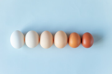 Row of eggs of different shades of brown on a light blue background. Natural color gradient.