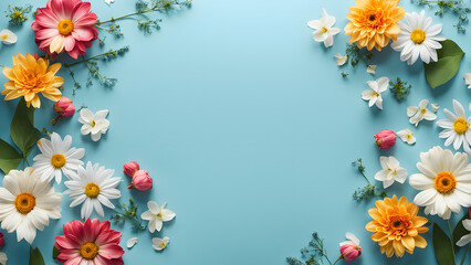 A blue background with a large flower arrangement in the center