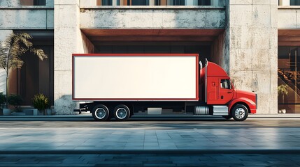 A Red Semi Truck Is Parked Beside A Modern Building