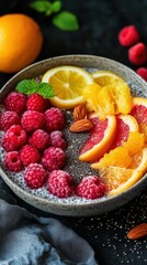 Fresh fruit and chia pudding bowl with vibrant berries and citrus for a healthy breakfast in a cozy kitchen