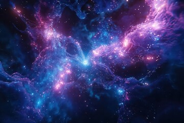 a holographic neural network visualization floating in dark space with glowing nodes and data streams in neon blue and purple creating a futuristic tech aesthetic