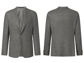 Portrait of men's suit jacket ( blazer ) isolated in white background, invisible ghost mannequin. Fashion industry high-quality studio shot photography. Front and back view.