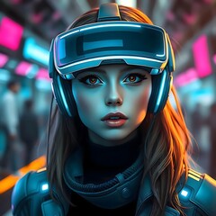  Close-up portrait of a beautiful young woman wearing advanced cybernetic armor and headphones