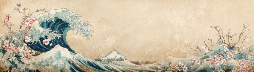 Fototapeta premium Subtly layered Japanese waves and floral motifs on an antique parchment background