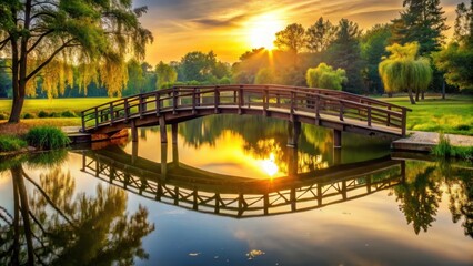 beautiful wooden bridge crossing serene pond park at sunset warm golden light reflecting water peaceful natural scenery, tranquility, reflection