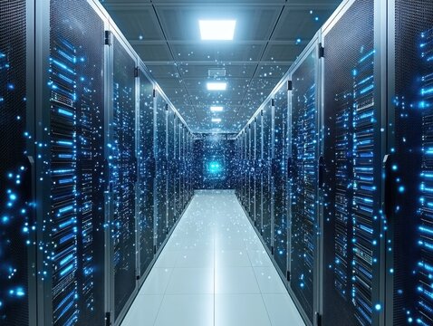 Server room with glowing lights and data processing units providing cloud computing infrastructure for digital age