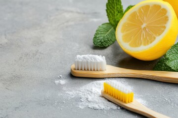 Teeth Whitening At Home. Baking Soda, Lemon, and Mint Leaves with Bamboo Toothbrush for Brighter Smile