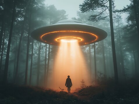 An Unidentified Flying Object Hovering Above Forest Floor
