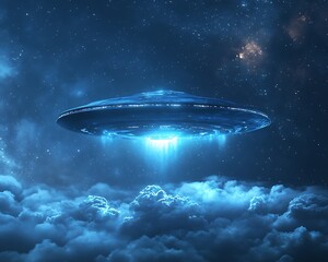 Obraz premium A radiant flying saucer hovers over a cloud covered nightscape