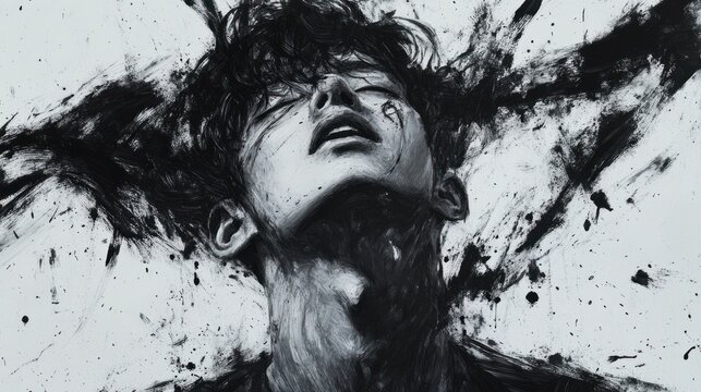 Monochrome portrait of a man with expressive features, surrounded by dynamic black ink splatter.