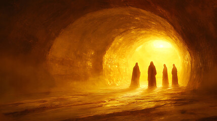 A close-up of the empty robes inside Jesus' tomb, soft folds of fabric glowing gently, intricate textures in the stone surroundings, three women standing in the blurred background,