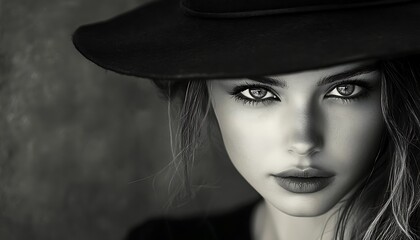 A beautiful young woman wearing a black hat looking directly at viewer