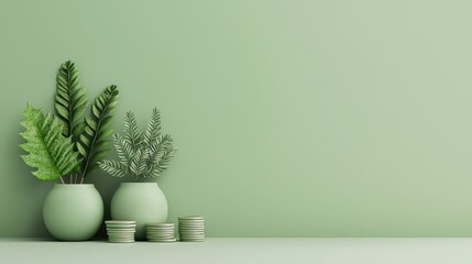 Sustainable wealth management icons minimalist green environment financial responsibility indoor space modern design concept