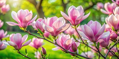Obraz premium Large elegant pink magnolia flowers in full bloom with delicate white petals and a slender stem in a lush green garden
