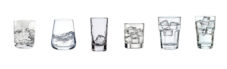 Variety of Glasses with Water and Ice Cubes on White Background