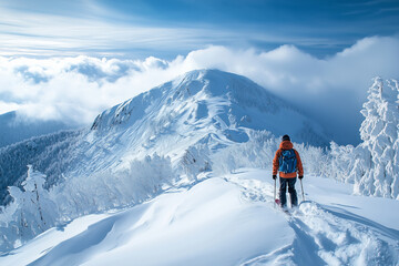 Skier navigates through snow-covered mountain, surrounded by frosted trees.