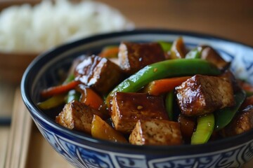 Tofu Stir Fry. Homemade Asian Dish with Ginger, Honey, and Green Vegetables