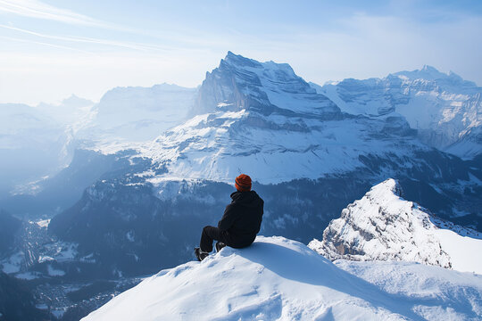 Mountaineer enjoys a victorious moment atop a snowy peak under clear blue skies. - Powered by Adobe