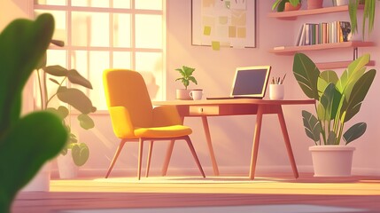Sunlit home office with yellow chair, desk, laptop, plants, and books.