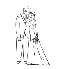 Cute illustration of bride and groom, couple for wedding invitation. Hand drawn vector illustration
