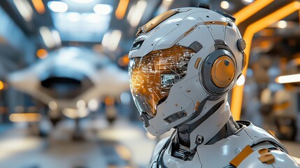 Fototapeta premium A cybernetic humanoid pilot wearing a heavily armored exosuit and a sleek, high tech helmet with holographic HUD interface, preparing to board