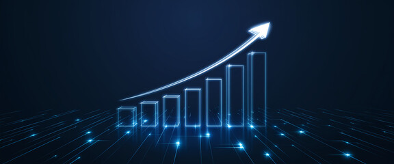 A glowing digital graph with an upward trend and an arrow pointing toward success, representing growth, progress, and innovation in the tech and business sectors.