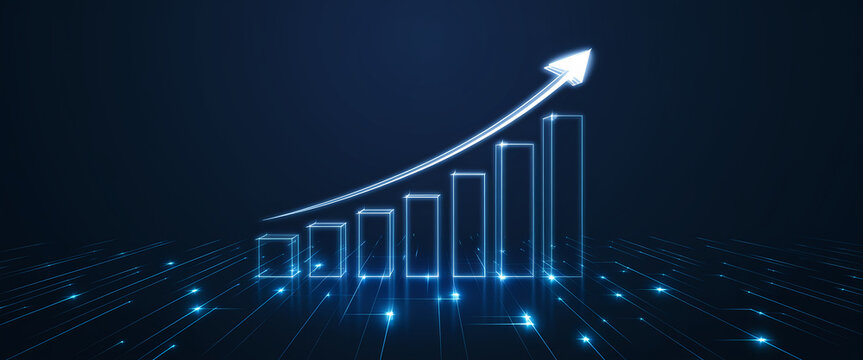 A glowing digital graph with an upward trend and an arrow pointing toward success, representing growth, progress, and innovation in the tech and business sectors.