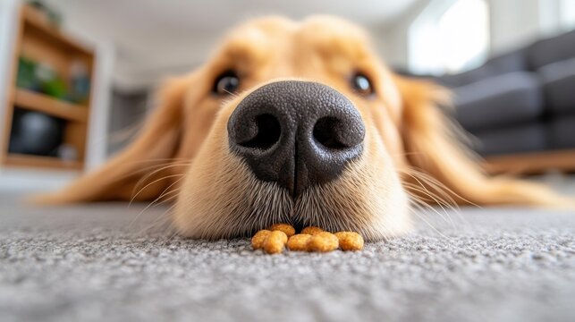 Close-up of Golden Retriever's nose, with dog food on carpet, resting in a home setting. - Powered by Adobe