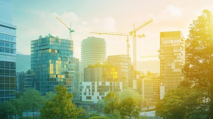 Construction Site at Sunrise With Cranes Working on Tall Buildings in a Modern Urban Landscape